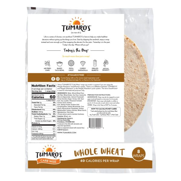 Tumaro s 8-inch Whole Wheat Carb Wise Wraps - Case Of 6 - 8 Ct Online now